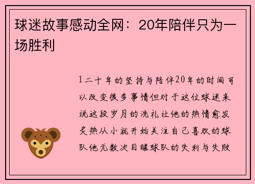 球迷故事感动全网：20年陪伴只为一场胜利