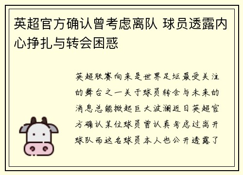英超官方确认曾考虑离队 球员透露内心挣扎与转会困惑
